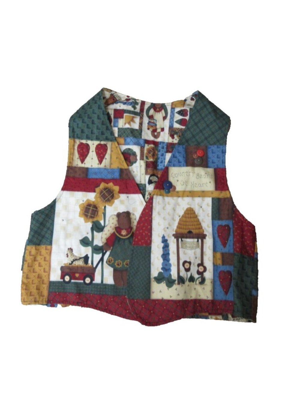 County Bears at Heart Vest M/L Reversible Patchwork Folk Art Embellished VTG90's